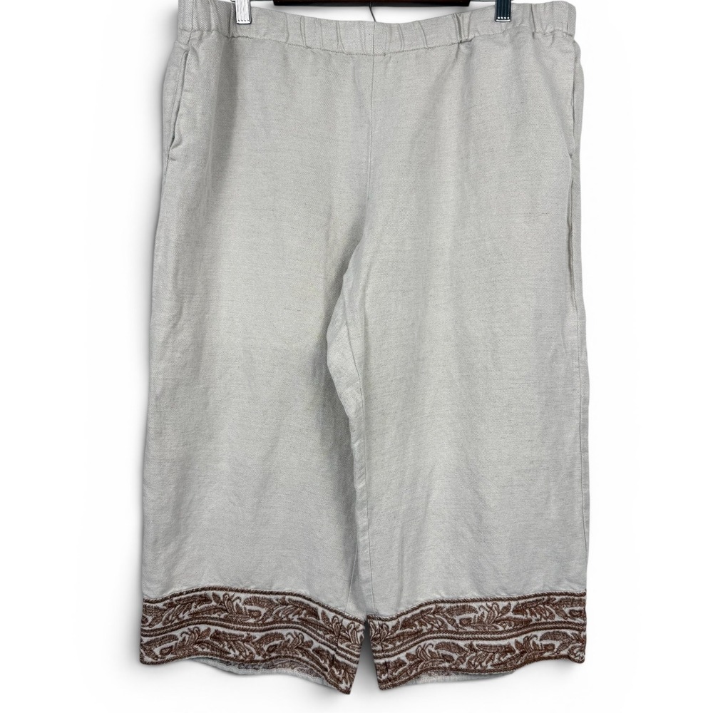 J. Jill Linen Blend Wide Leg Crop Pants Oatmeal Brown Embroidered‎ Hem Large P